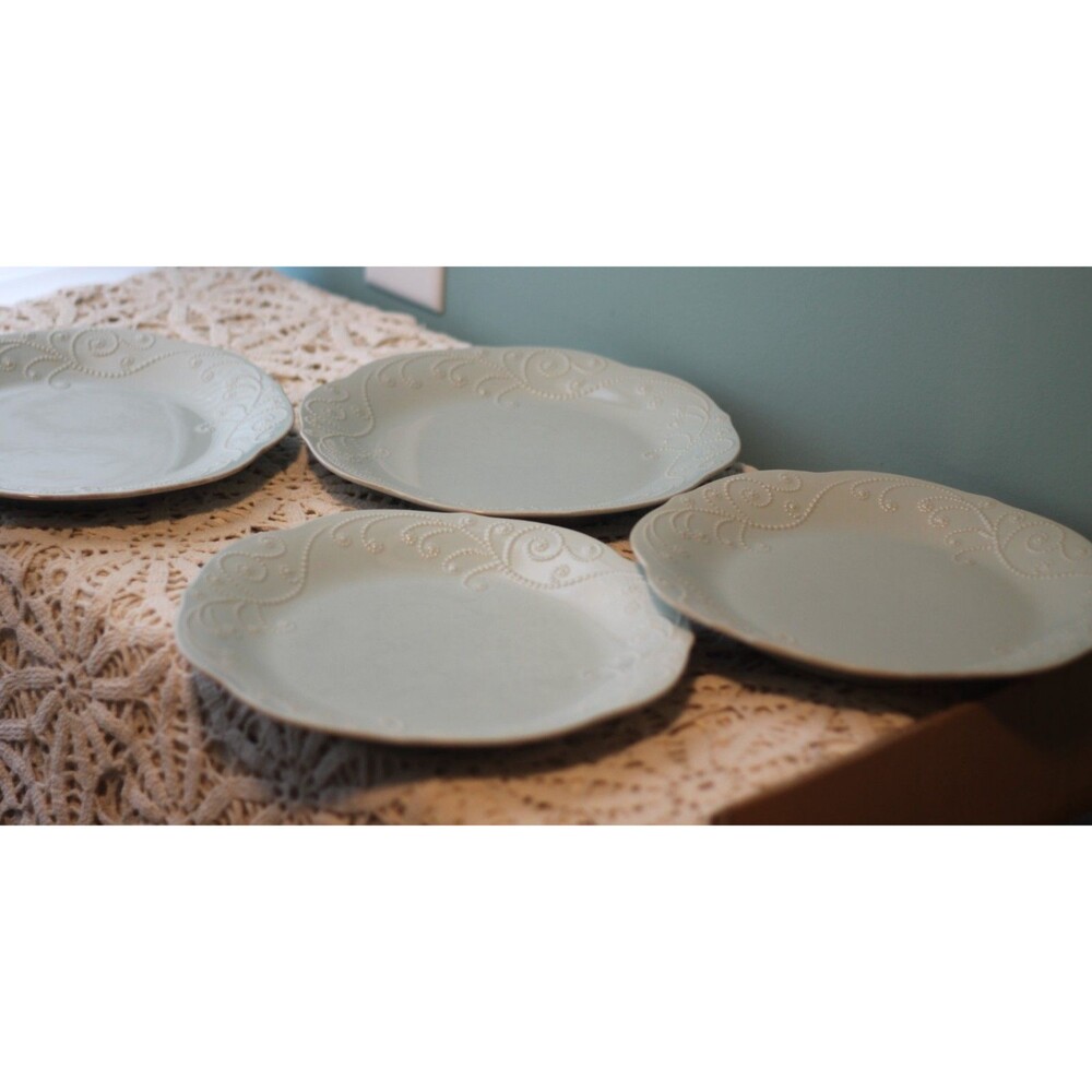 Lenox French Perle Dinner Plate Embossed Glazed Ice Blue Stoneware 10 1/2" (4)
